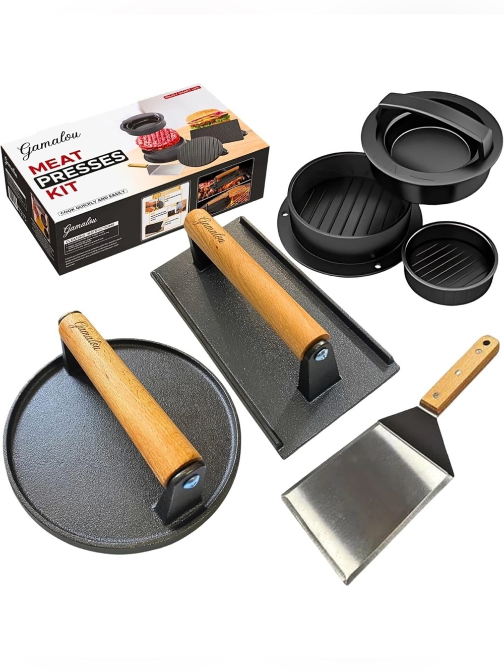 Smashed Burger Press BBQ Kit: 7" Black Round & 8.2x4.3 Rectangle Cast Iron Bacon